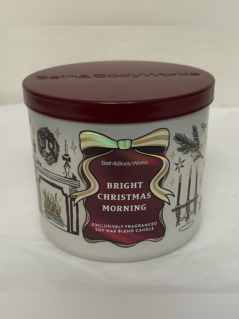 Bath & Body Works Bright Christmas Morning 3 Wick Candle-Burgundy & Gold Accents